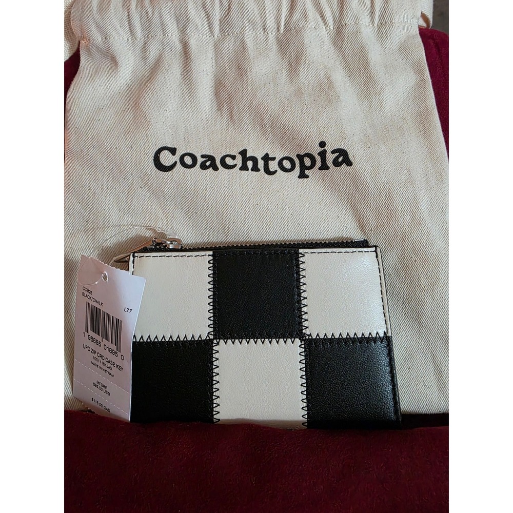 Coachtopia Zip Card Case Key Ring Black Chalk Checkerboard Patchwork CCM26 NEW